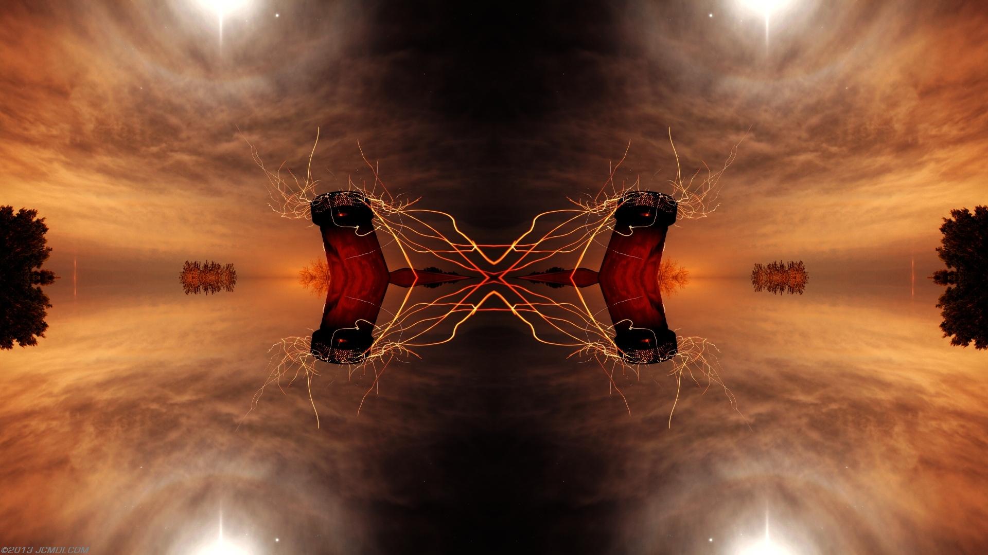 Quadroscopic composite trails: 5D clouds moon chimney sparks and stars